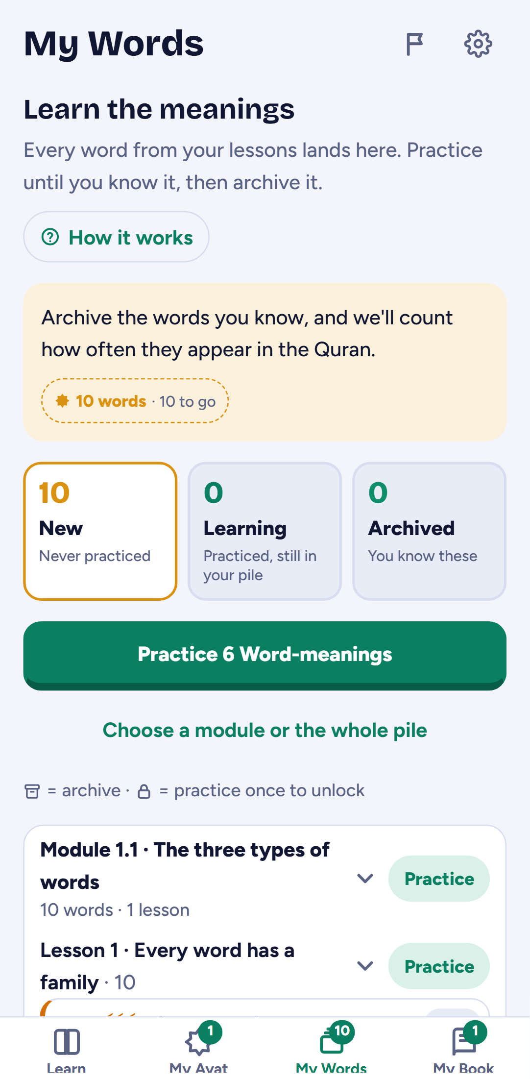 Aqal's My Words screen with New, Learning and Archived piles
